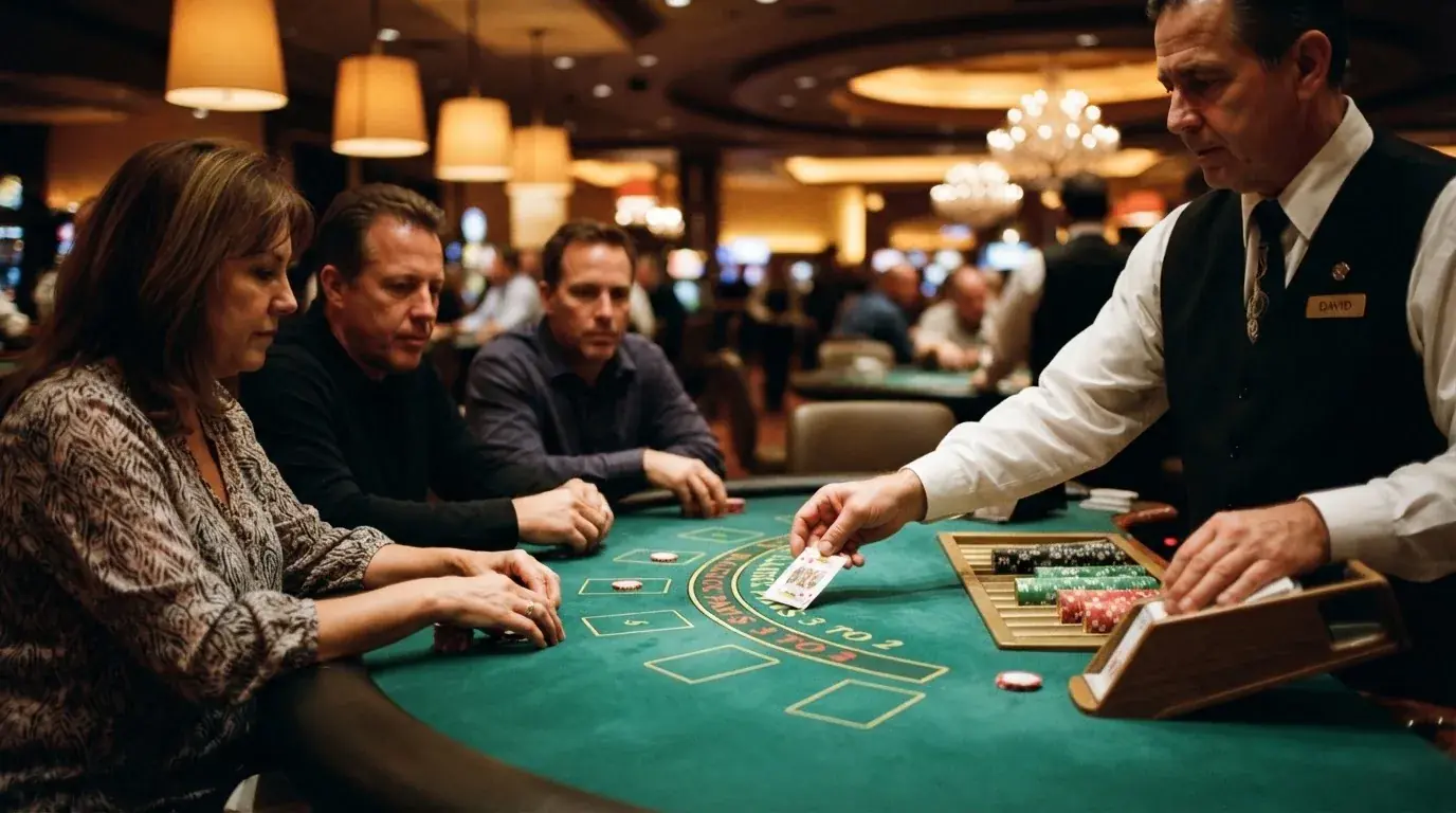 Croupier jakaa kortteja pöydän ääressä useiden pelaajien katsoessa keskittyneesti kasinosalissa.